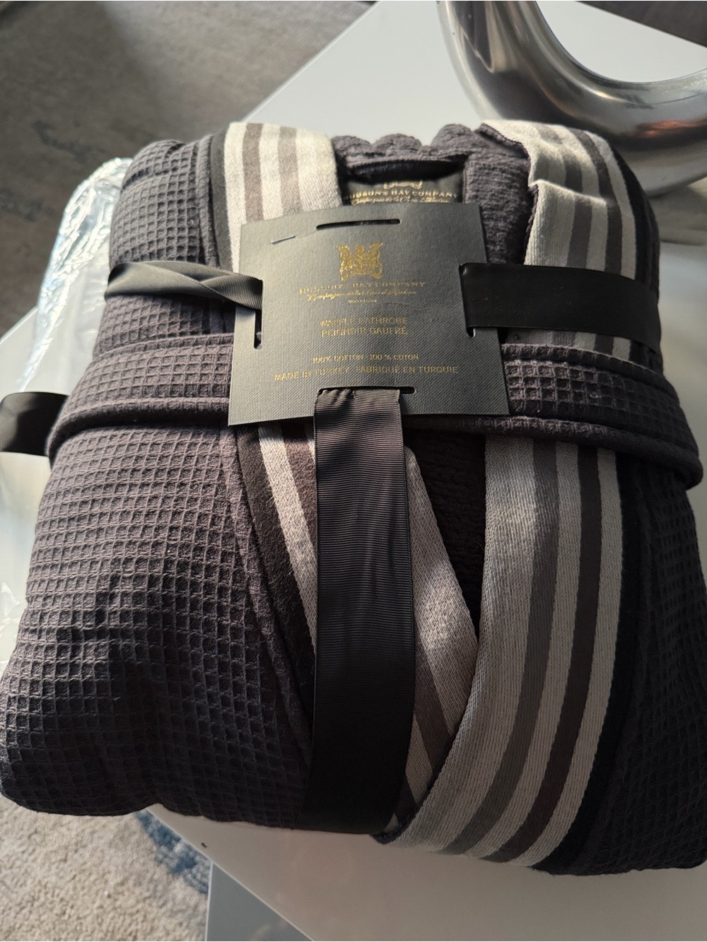 Hudson Bay Luxury Men's Gray Waffle Robe with Striped Trim